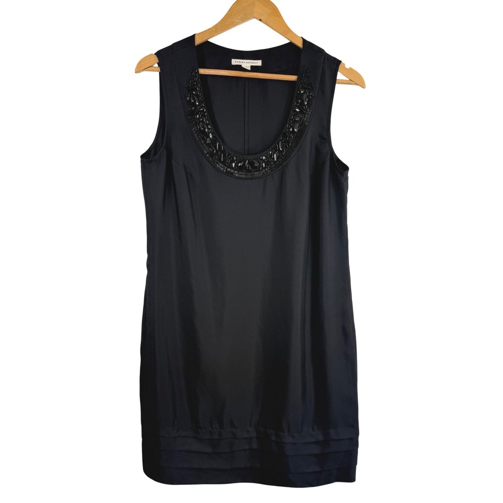 Vintage Banana Republic 100% Silk Beaded Shift Dress Black Embellished LBD Sz M